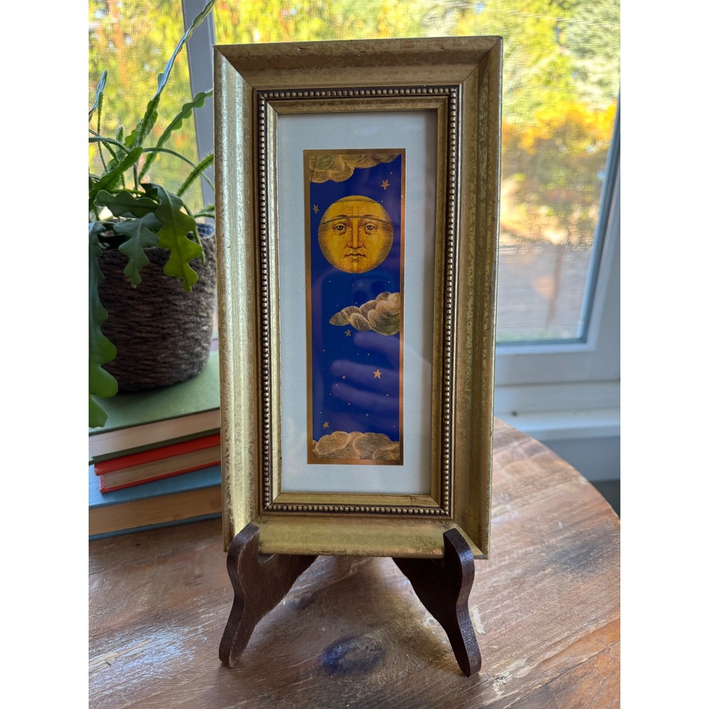 Celestial Man in the Moon Framed Art Print Gold Ornate Frame Blue Gold Stars Sun